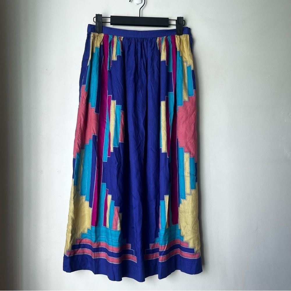 Vintage 80s Blue Deco Southwest Colorful Pattern Midi Skirt S